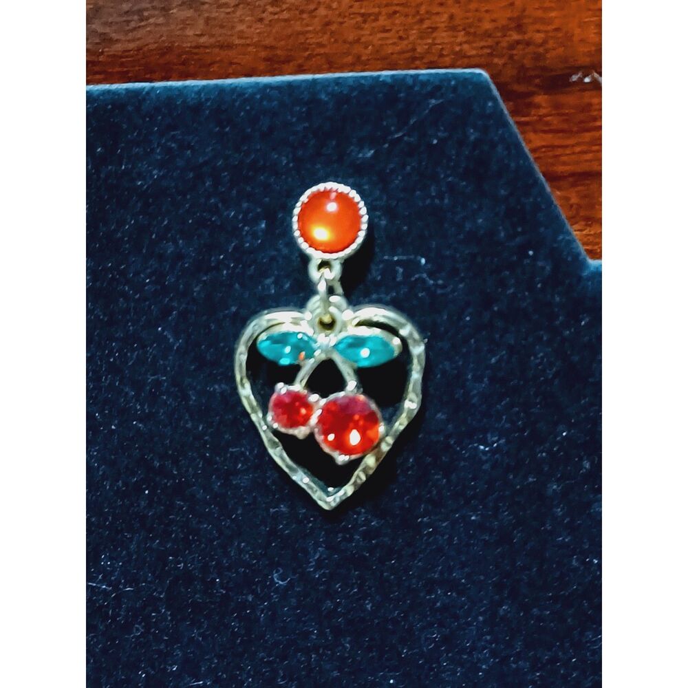 Gold-Toned Heart Earrings w/ Cherries - Picture 2 of 3